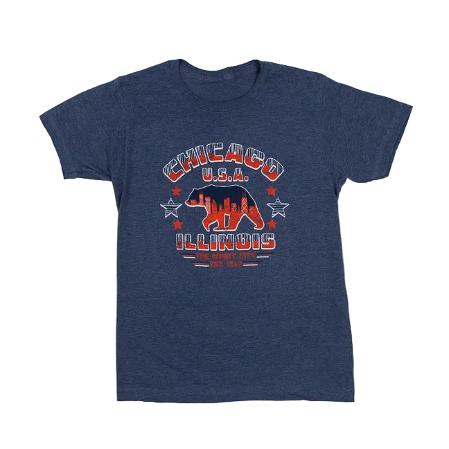 Navy blue t-shirt with 'Chicago U.S.A. Illinois' graphic design on a white background