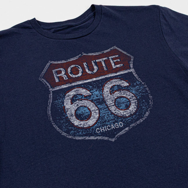 Navy blue t-shirt with Route 66 graphic design on a plain background