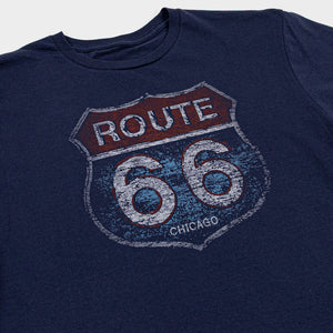 Navy blue t-shirt with Route 66 graphic design on a plain background