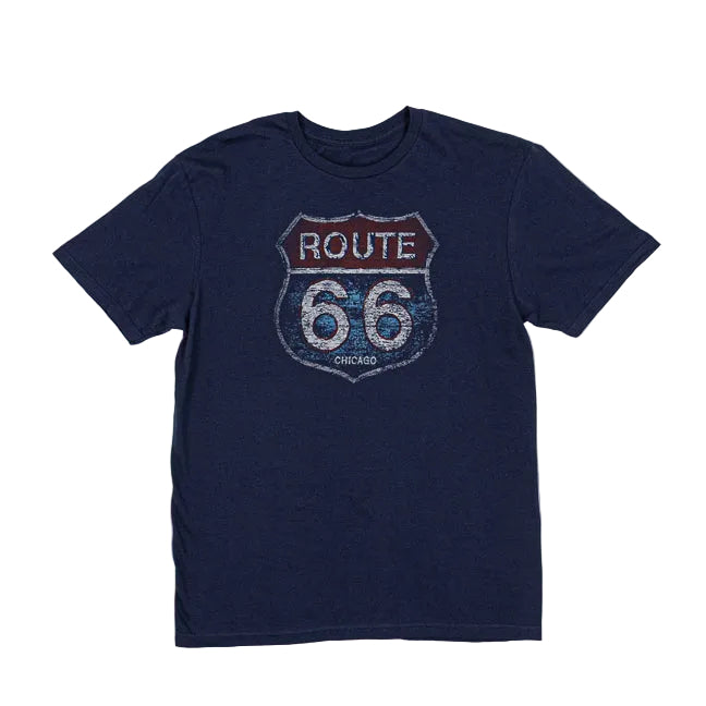 Navy blue t-shirt with Route 66 graphic on a white background