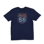 Navy blue t-shirt with Route 66 graphic on a white background