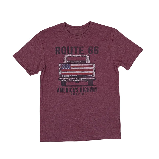 Maroon t-shirt with graphic of a truck and 'Route 66' text on a white background