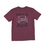 Maroon t-shirt with graphic of a truck and 'Route 66' text on a white background