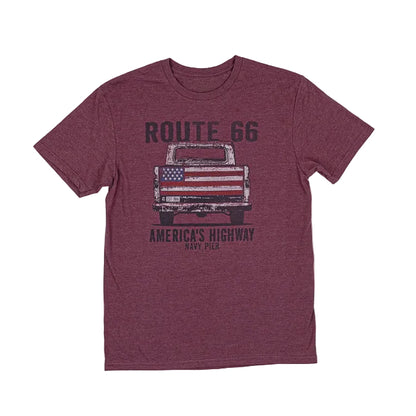 Maroon t-shirt with graphic of a truck and 'Route 66' text on a white background