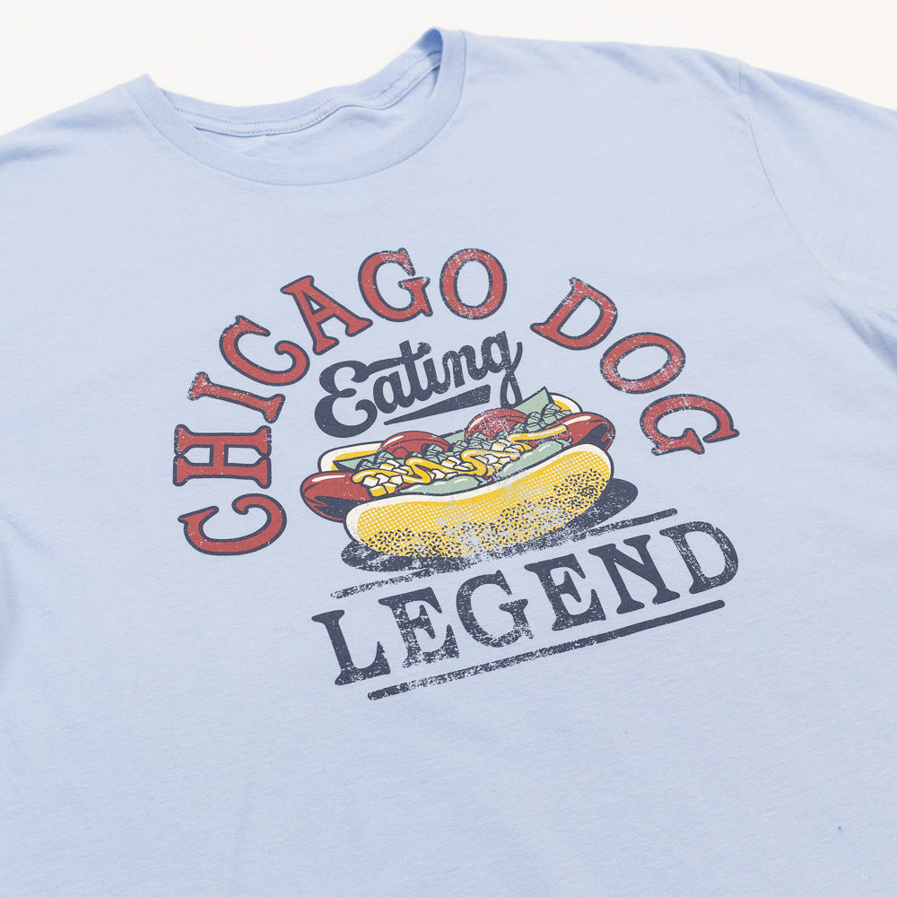 Light blue t-shirt with 'Chicago Dog Eating Legend' graphic on a white background
