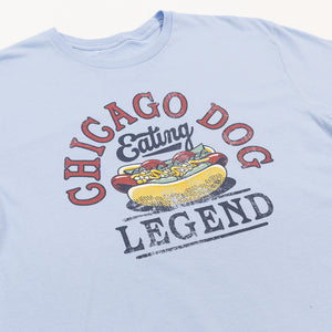 Light blue t-shirt with 'Chicago Dog Eating Legend' graphic on a white background