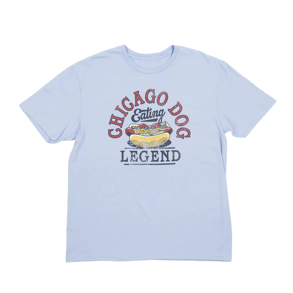 Light blue t-shirt with 'Chicago Dog Eating Legend' graphic on a white background