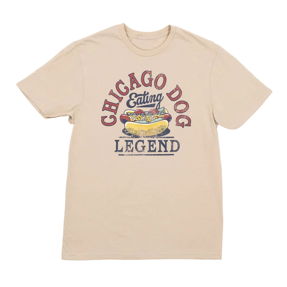 Sand-colored t-shirt with 'Chicago Dog Eating Legend' graphic on a white background