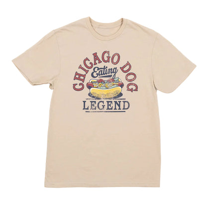 Sand-colored t-shirt with 'Chicago Dog Eating Legend' graphic on a white background
