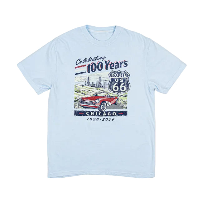 Light blue t-shirt with Route 66 graphic design on a white background
