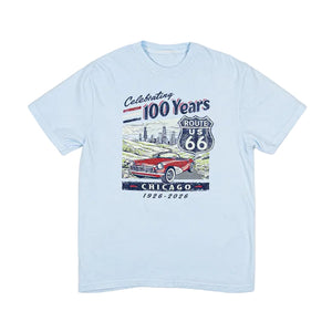 Light blue t-shirt with Route 66 graphic design on a white background