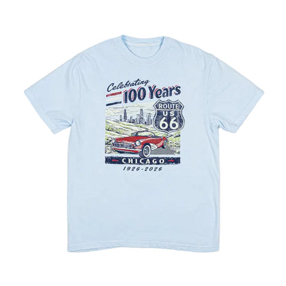 Light blue t-shirt with Route 66 graphic design on a white background