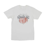 White t-shirt with 'Route 66 Chicago' graphic design on a white background