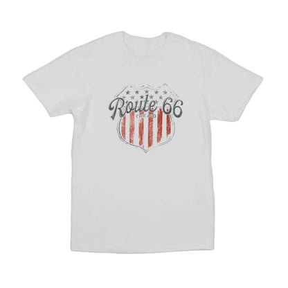 White t-shirt with 'Route 66 Chicago' graphic design on a white background