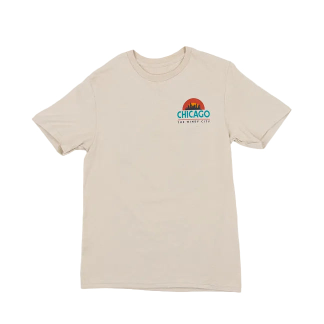 Beige t-shirt with 'Chicago' graphic design on a white background