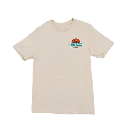 Beige t-shirt with 'Chicago' graphic design on a white background