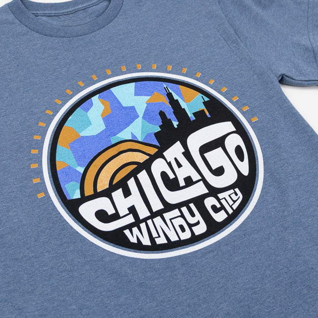 Blue t-shirt with a colorful 'Chicago Windy City' graphic design.