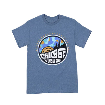 Indigo t-shirt with a Chicago-themed graphic on a white background