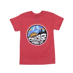 Red t-shirt with a colorful 'Chicago Wingy City' graphic on a white background