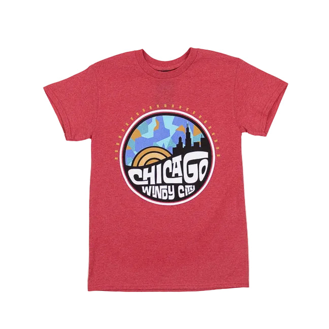 Red t-shirt with a colorful 'Chicago Wingy City' graphic on a white background