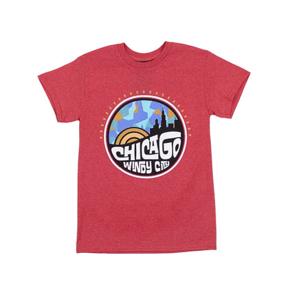 Red t-shirt with a colorful 'Chicago Wingy City' graphic on a white background