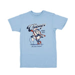 Light blue t-shirt with a cartoon baseball mascot and 'Chicago Est. 1833' text on a white background