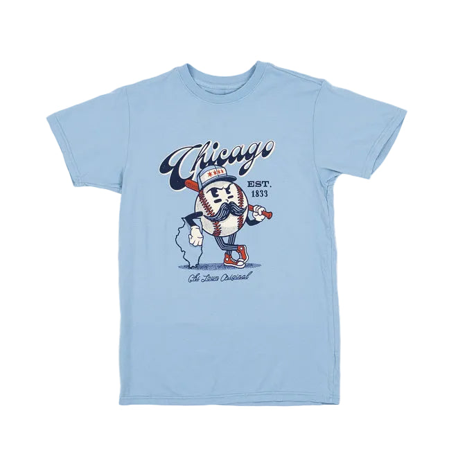 Light blue t-shirt with a cartoon baseball mascot and 'Chicago Est. 1833' text on a white background