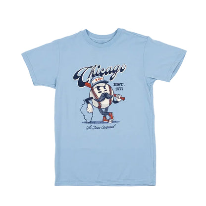 Light blue t-shirt with a cartoon baseball mascot and 'Chicago Est. 1833' text on a white background