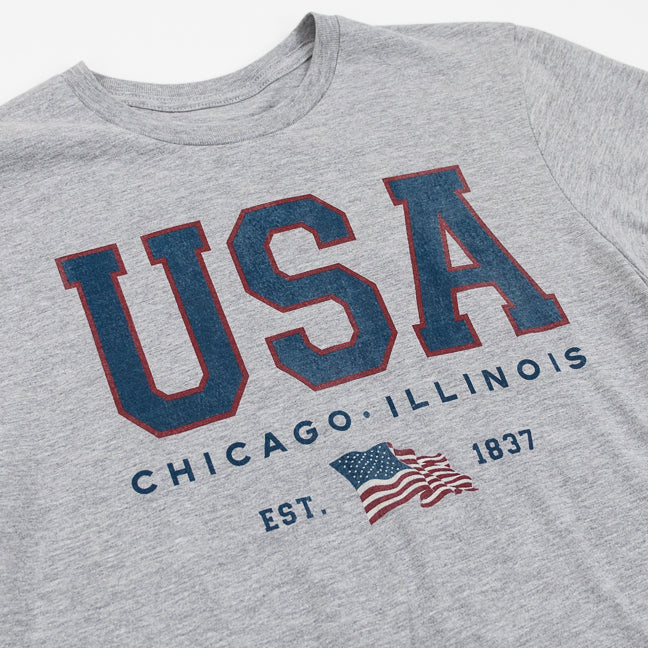 Gray t-shirt with 'USA Chicago, Illinois' text and American flag graphic