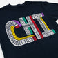 Black t-shirt with colorful text design featuring various Chicago landmarks and neighborhoods on a white background
