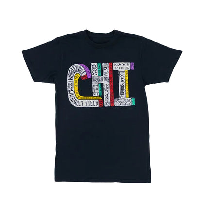 Black t-shirt with colorful text design featuring various Chicago landmarks and neighborhoods on a white background