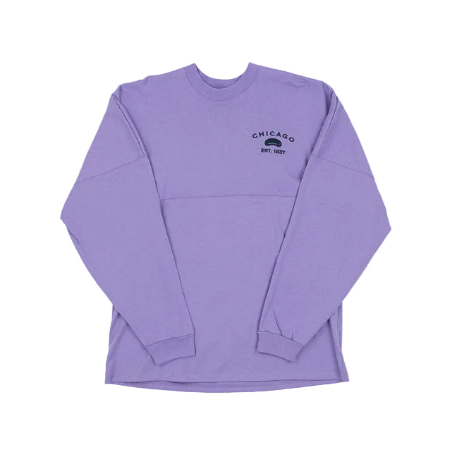 Purple long-sleeve shirt with 'Chicago' text on a white background