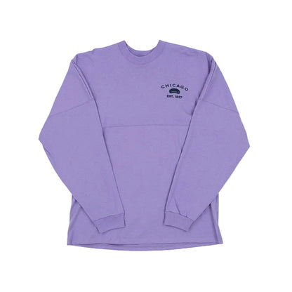 Purple long-sleeve shirt with 'Chicago' text on a white background