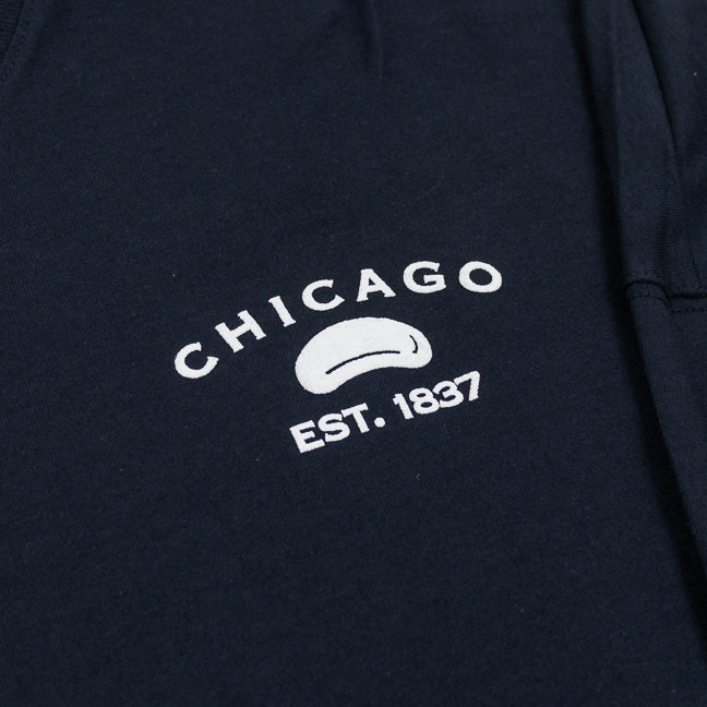 Chicago design featuring CHICAGO EST. 1837 and the Bean in white on a navy shirt.