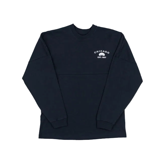 Navy long-sleeve shirt with 'Chicago' logo on a white background