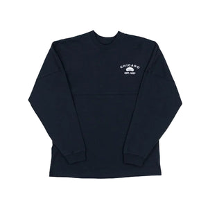 Navy long-sleeve shirt with 'Chicago' logo on a white background