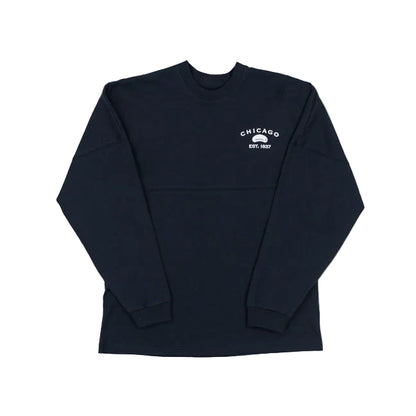 Navy long-sleeve shirt with 'Chicago' logo on a white background