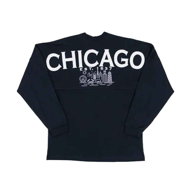 Navy long sleeve shirt with CHICAGO EST. 1837 and the Chicago city skyline in white across the back, set against a white background.