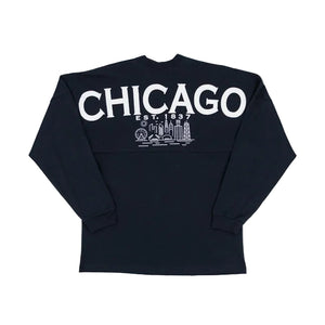 Navy long sleeve shirt with CHICAGO EST. 1837 and the Chicago city skyline in white across the back, set against a white background.