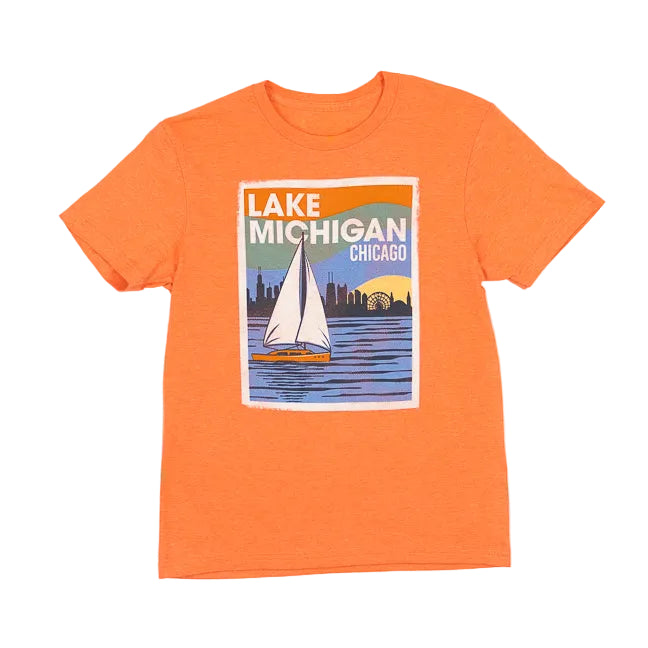 Orange t-shirt with Lake Michigan graphic design on a white background