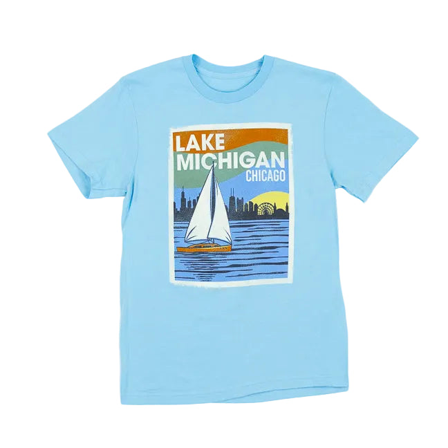 Light blue t-shirt with Lake Michigan and Chicago graphic on a white background