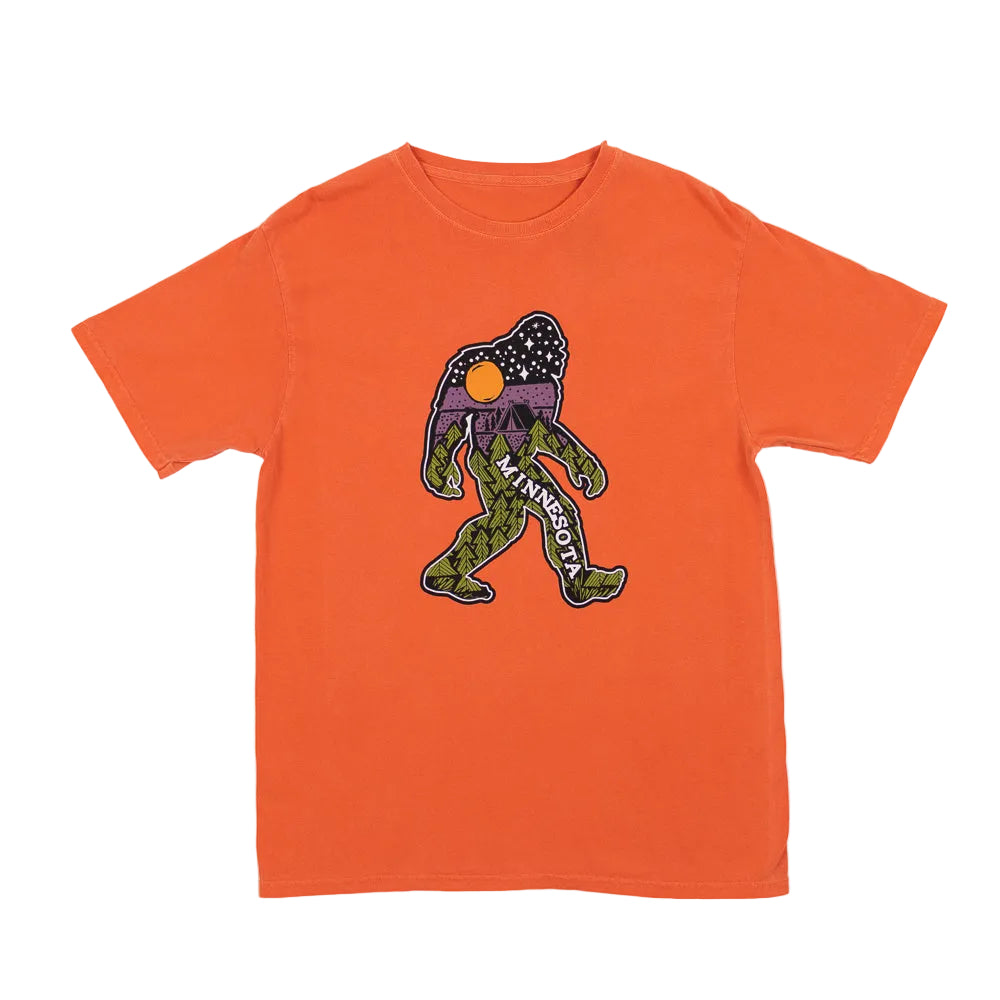 Orange t-shirt with a bigfoot graphic design and 'Minnesota' text on a white background