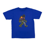 Blue t-shirt with a bigfoot graphic design on a white background