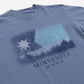 Blue t-shirt with Minnesota graphic design on a white background