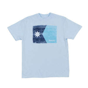 Light blue t-shirt with a graphic design of the new Minnesota state flag on a white background