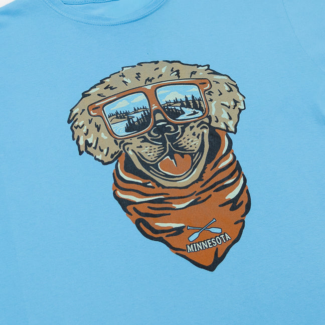 Blue t-shirt with a graphic of a dog wearing sunglasses and a bandana, with 'Minnesota' text.