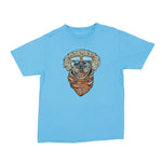 Light blue t-shirt with a dog graphic wearing sunglasses and a bandana on a white background