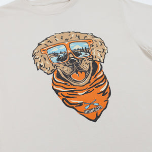 Beige t-shirt with a graphic of a dog wearing sunglasses and a bandana on a white background