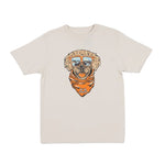 Beige t-shirt with a graphic of a dog wearing sunglasses and a bandana on a white background