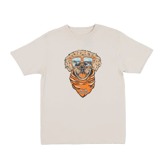 Beige t-shirt with a graphic of a dog wearing sunglasses and a bandana on a white background